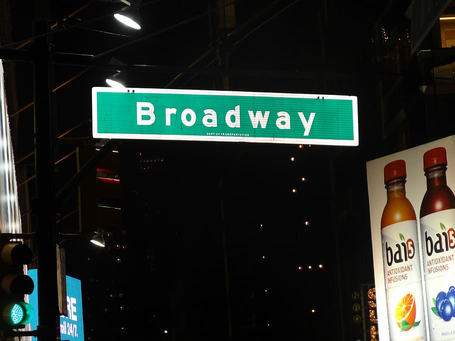 Broadway signage during night time, Characters, New York, Usa
