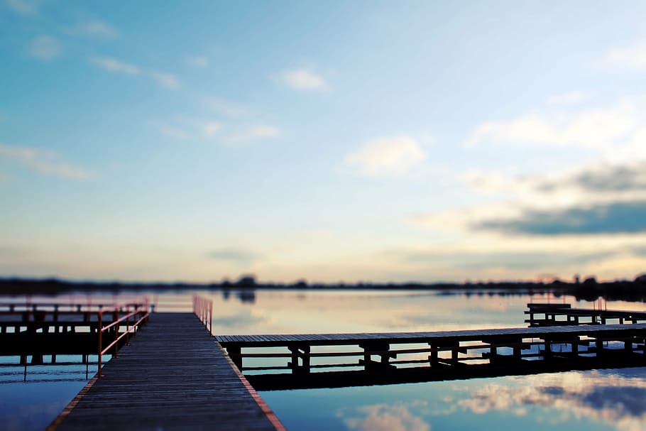 brown wooden dock, bridge, lake, sky, sunset, water, pier, cloud - sky HD wallpaper