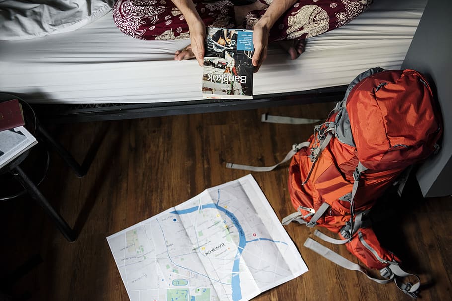 red and grey hiking bag beside map, bakcpack, travel, book HD wallpaper