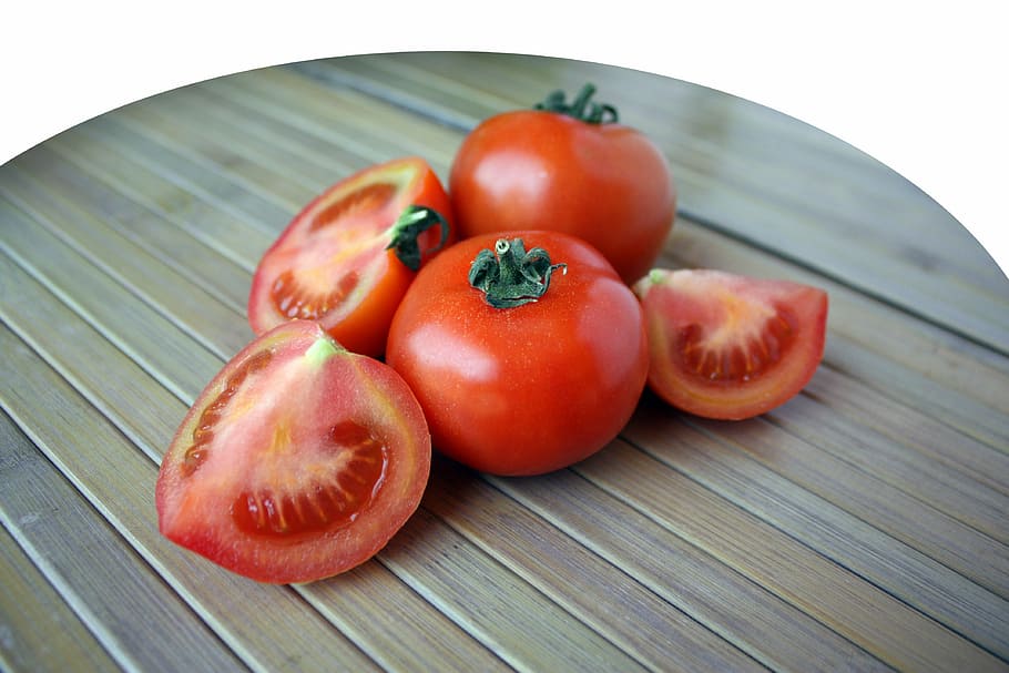 tomato fruits on brown wooden surface, tomatoes, vegetable HD wallpaper