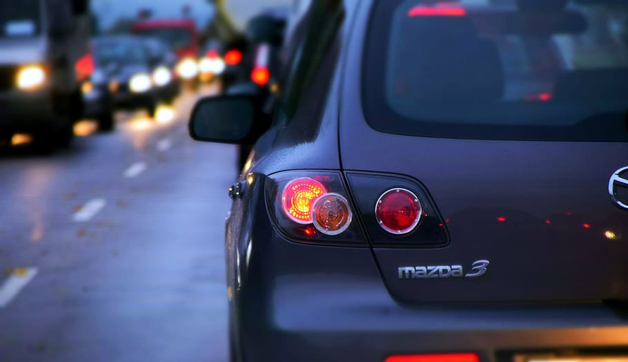black Mazda 3 hatchback, jam, autos, traffic, road, night, vehicles, HD wallpaper