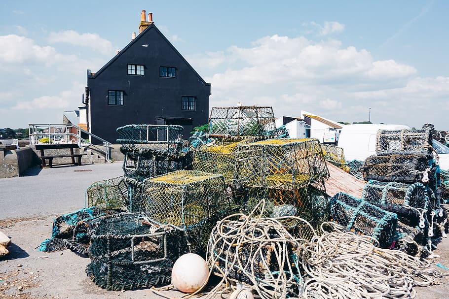 Lobster pots, objects, fishing Industry, sea, harbor, outdoors HD wallpaper