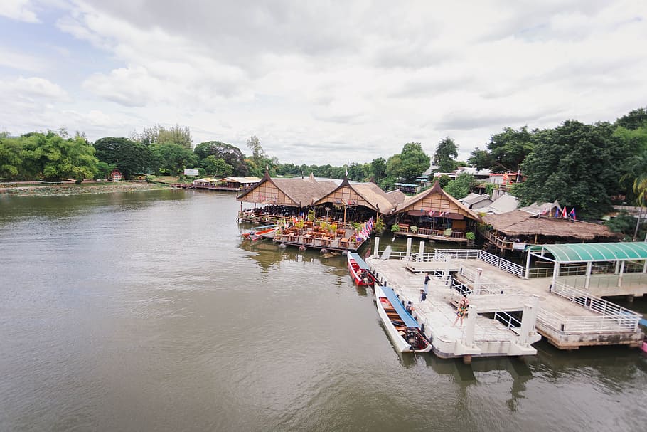 river, restaurant, travel, water, cloud - sky, tree, waterfront HD wallpaper