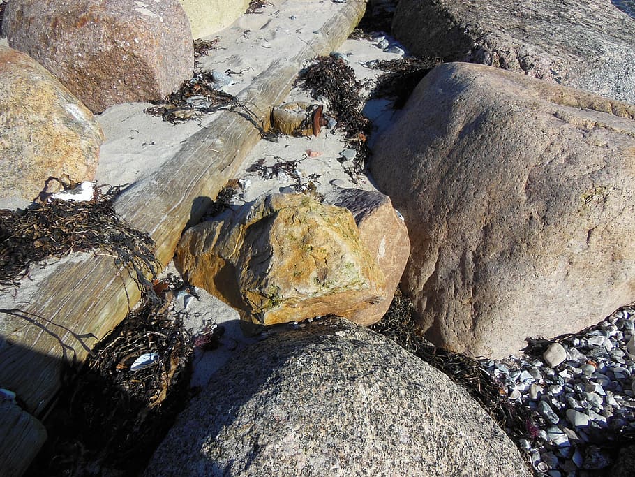 beach, stone, granite, flint, brown flint, wood pole, close-up HD wallpaper