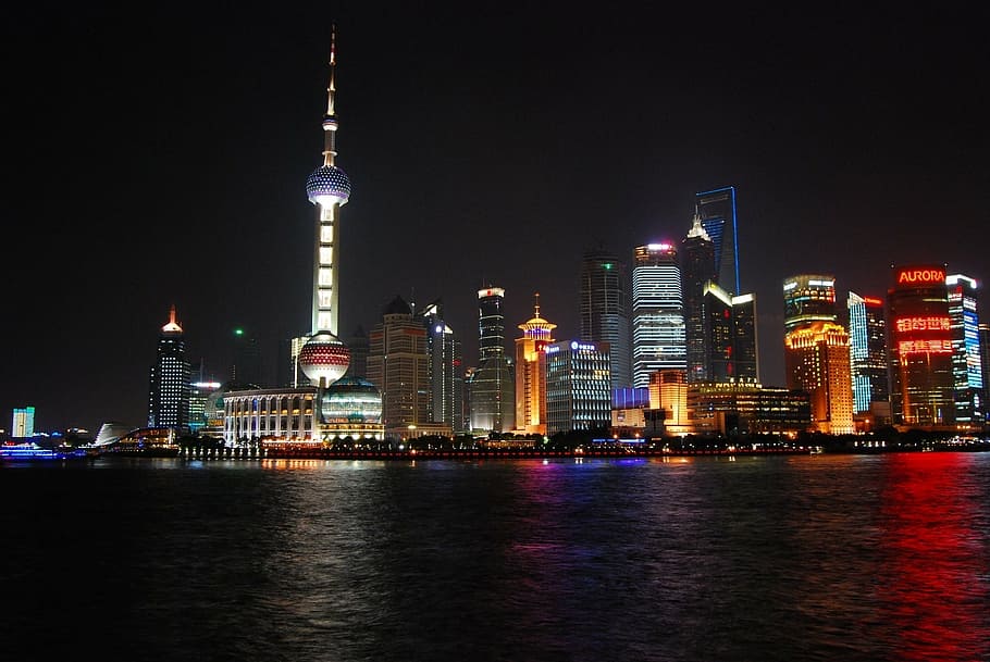 city skyline, shanghai skyline, cityscape, night, water, architecture, HD wallpaper