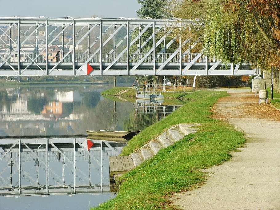 bridge, bank, away, mirroring, river, water, architecture, steel bridge, HD wallpaper
