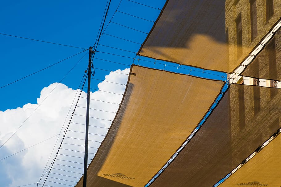 sky, clouds, awnings, shadow, street, hood, blue sky, cables HD wallpaper