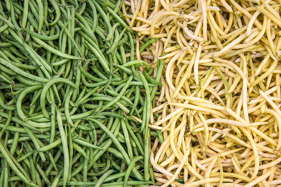 green and yellow vegetables, green and beige beans, food, white HD wallpaper