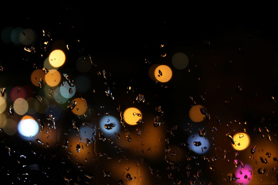 bokeh, drop, rain, glass, dark, illuminated, night, no people HD wallpaper