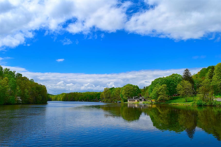 lake, sky, clouds, nature, water, landscape, blue, reflection HD wallpaper