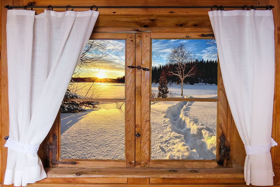 brown wooden window, nature, landscape, winter, snow, sunrise
