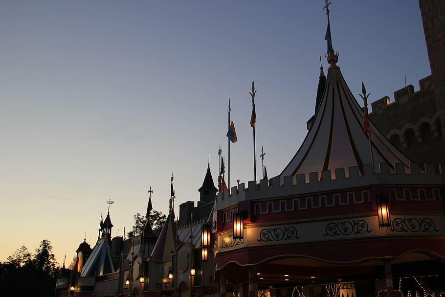 disney, sunset, castle, built structure, building exterior HD wallpaper