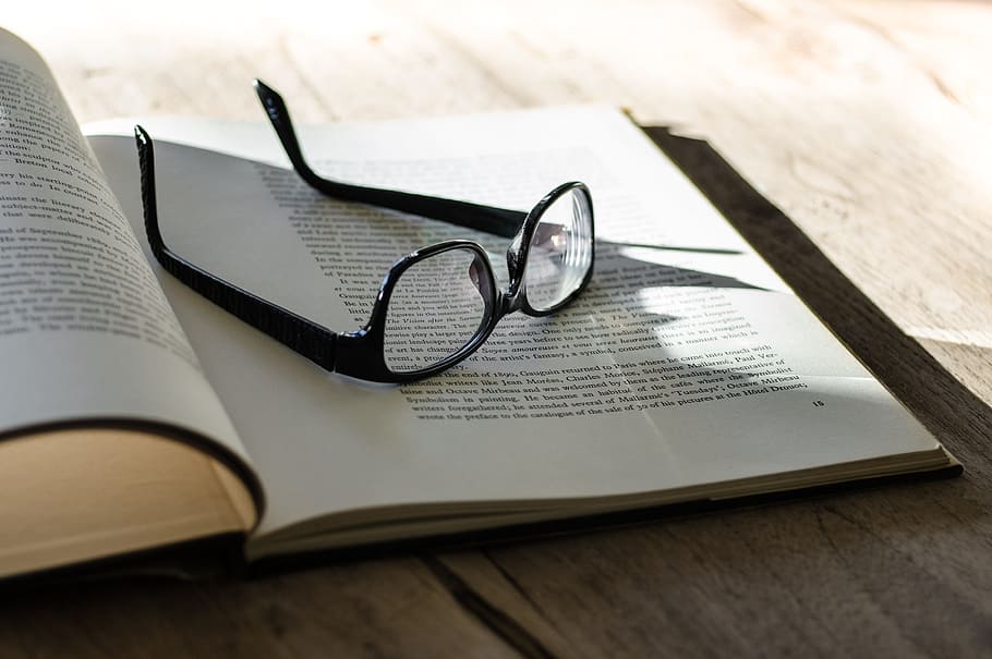 eyeglasses on opened book, letters, paper, study, education, page, HD wallpaper