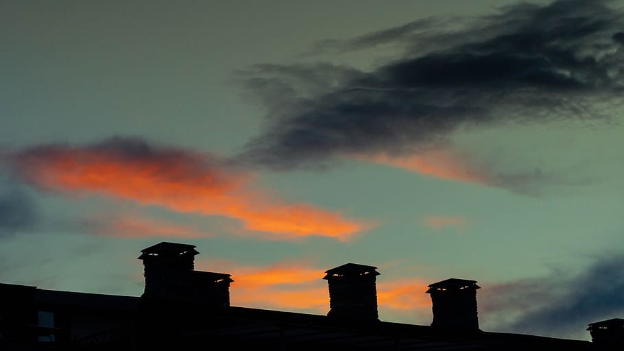 sky, sunset, fireplaces, clouds, architecture, building exterior HD wallpaper