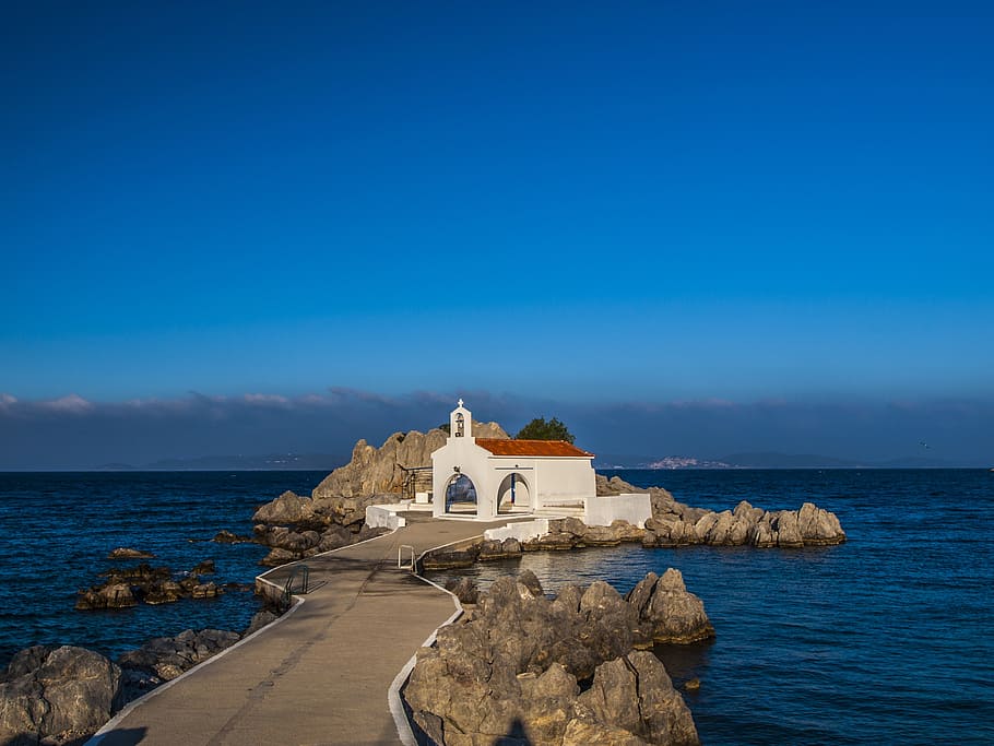 chios, church, blue, sky, sea, built structure, water, architecture, HD wallpaper
