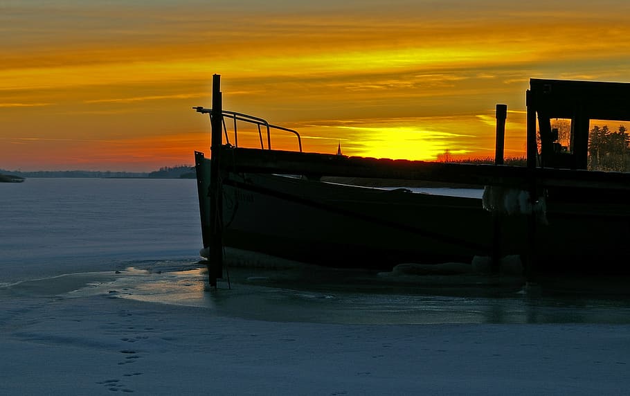 sunset, winter evening, ice, frozen, frost, winter magic, cold HD wallpaper