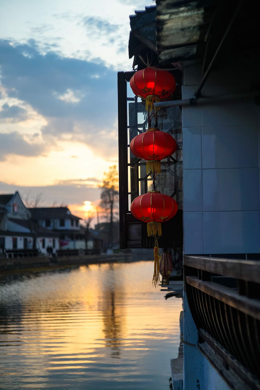 Xitang, Watertown, Lantern, Reflection, sunset, architecture HD wallpaper