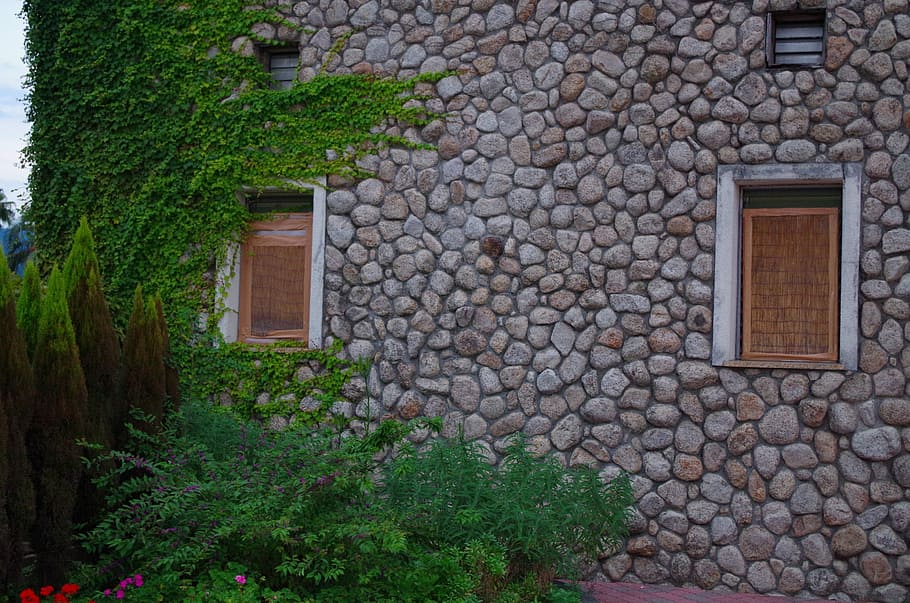 Ishigaki, Lodge, Windows, Villa, green, stones, wall, house, HD wallpaper