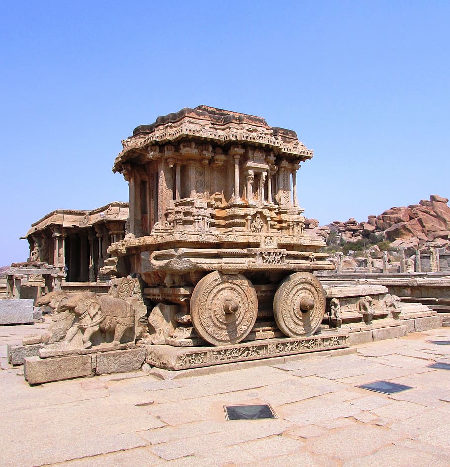brown concrete carriage, Stone, Chariot, Hampi, India, Landmark