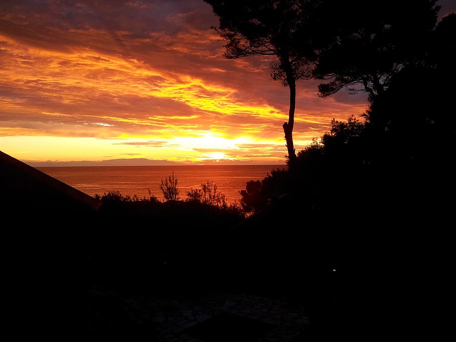Sunset, Landscape, sky, red, rays of sunshine, nature, the quakes HD wallpaper
