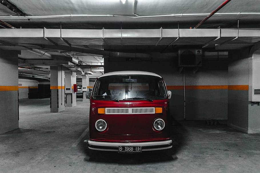 parked red Volkswagen Type 2 T3 van, vw, volkswagen bus, parking, HD wallpaper