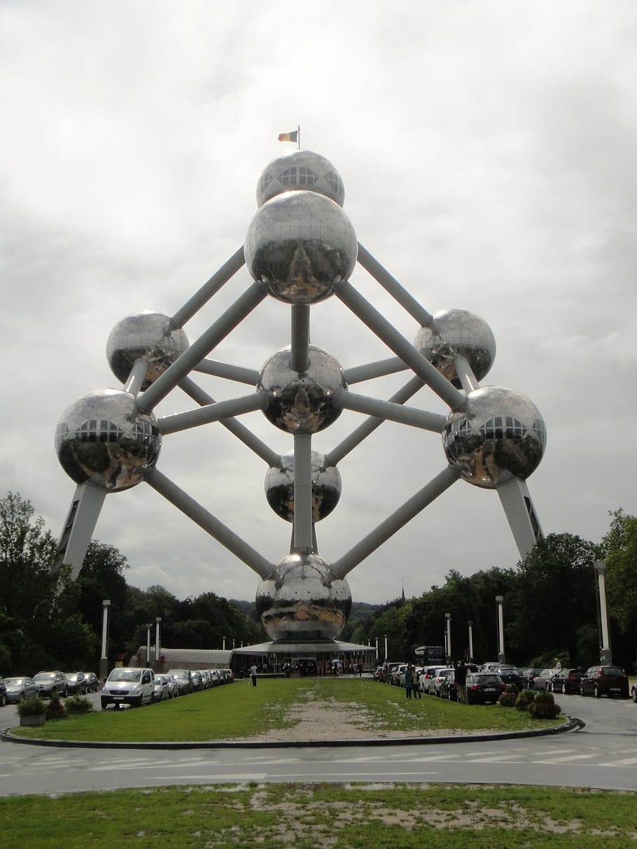 atom, atomium, brussels, connections, sky, ball, mirroring HD wallpaper