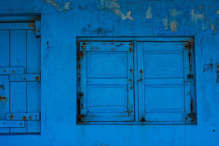 blue painted wall with window, teal wooden window, door, photography HD wallpaper