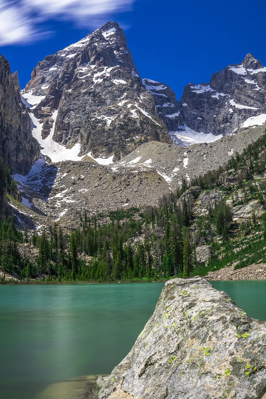 blue, clouds, forest, green, lake, landscape, mountains, rock HD wallpaper