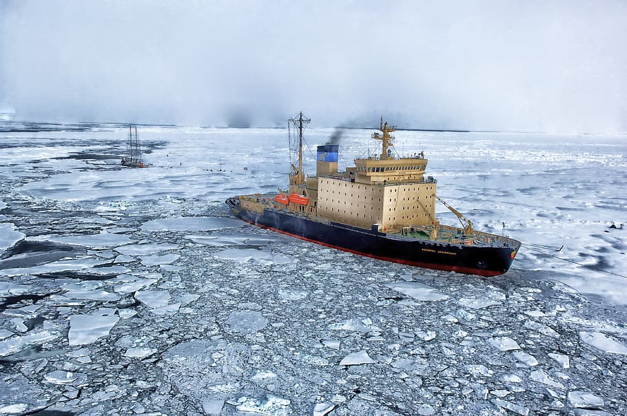 black ship on snow ice covered sea, arctic, ocean, water, antarctica, HD wallpaper