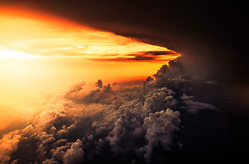 sea of clouds, white clouds during golden hour, sky, sunset, orange HD wallpaper