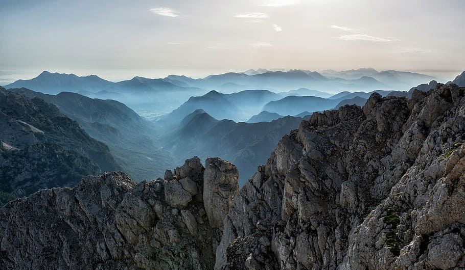 photo of mountain covered with fogs, grey, sky, daytime, clouds HD wallpaper