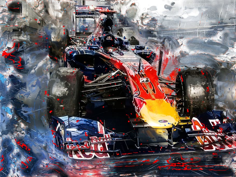blue and red Red Bull formula 1 race car illustration, Auto, F1