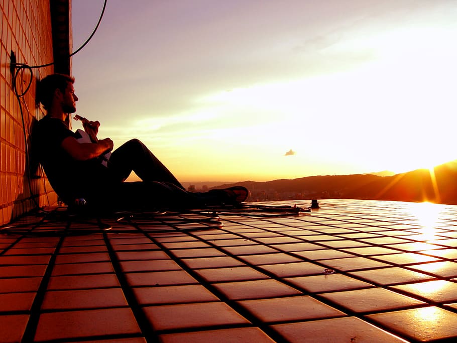 Guitar, Rooftop, Mountains, Sunset, Asia, taiwan, sitting, one person HD wallpaper
