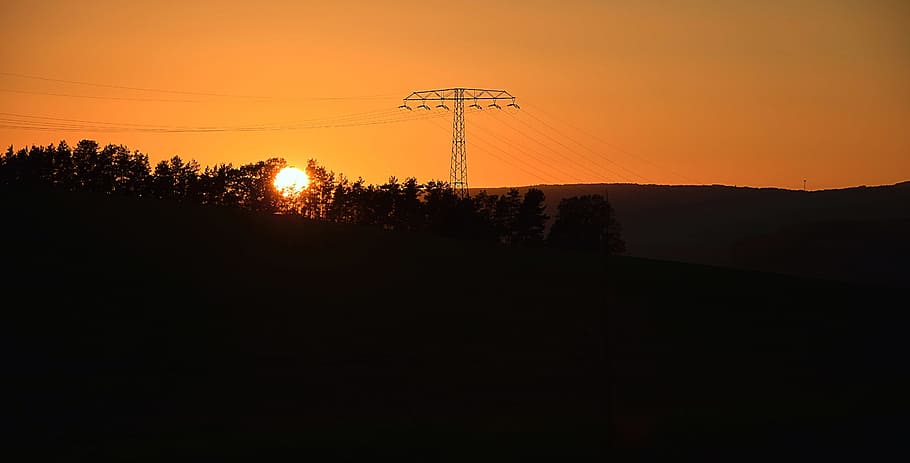 sunset, strommast, dusk, atmospheric, silhouette, technology HD wallpaper