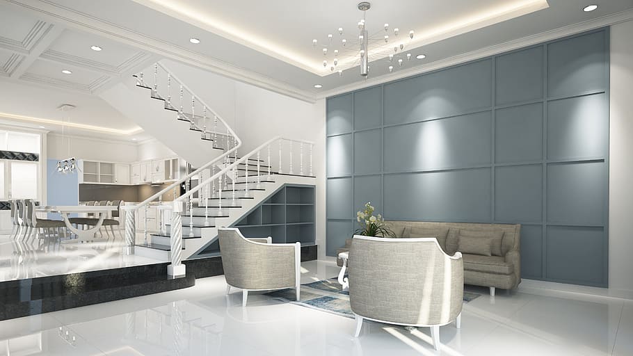 white wooden grey fabric padded sofa set near white stair inside room HD wallpaper