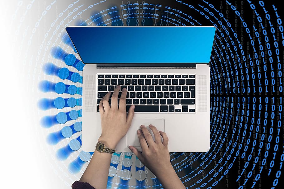 person using MacBook Pro, laptop, hand, leave, binary, binary code HD wallpaper