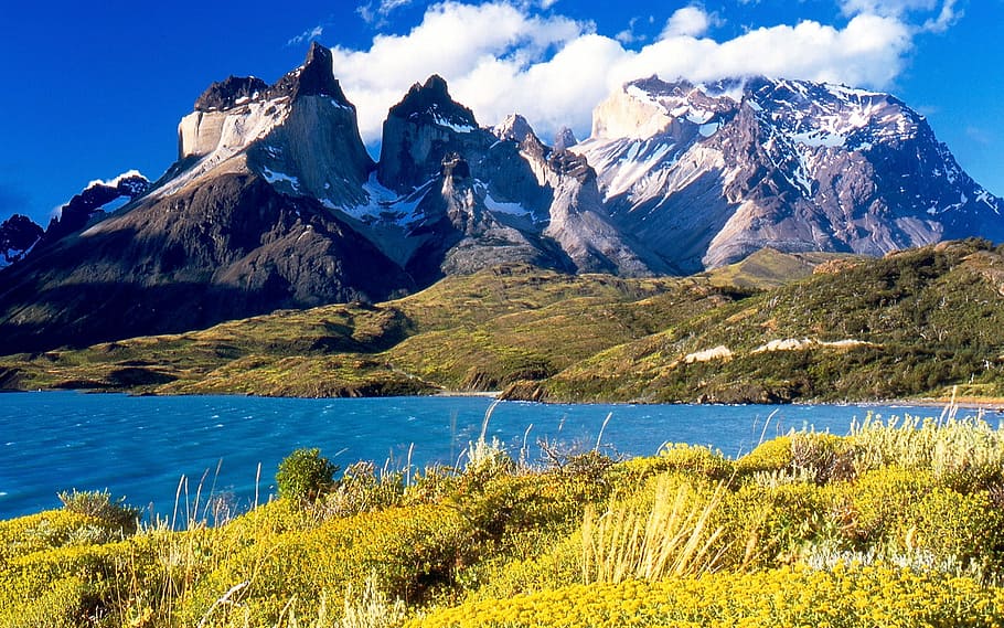 Torres del Paine majestic Landscape in Chile, clouds, photos
