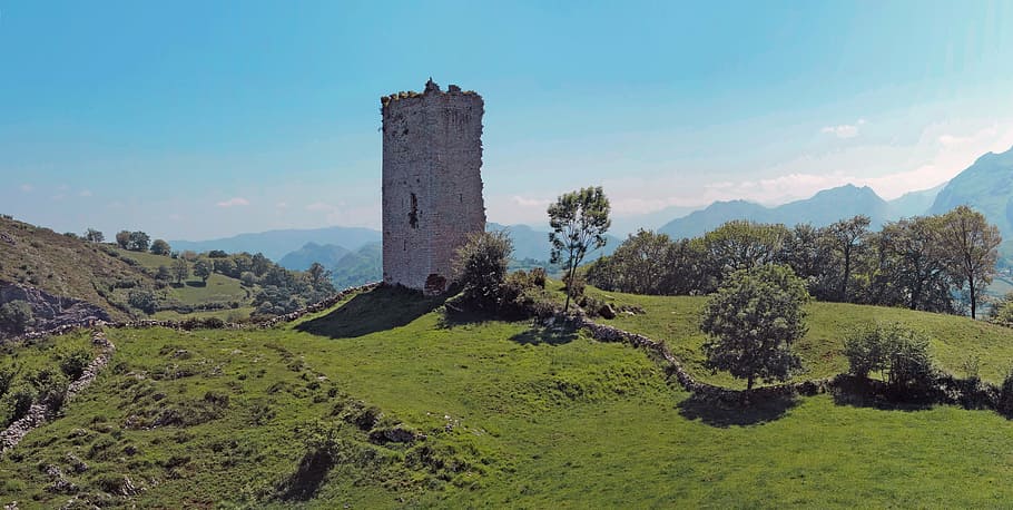 gray castle on the mountain, tower, peñerudes, asturias, spain, HD wallpaper