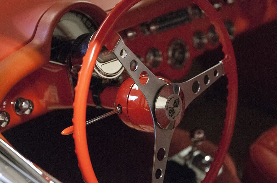 vintage, classic, corvette, red, close-up, no people, indoors HD wallpaper