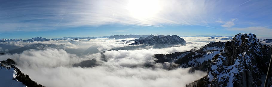 black and white mountain, mountains, panorama, clouds, sun HD wallpaper