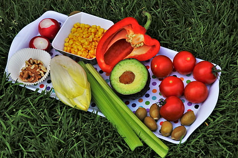 fruits and veggies on serving tray on grass, diet, vegetables HD wallpaper