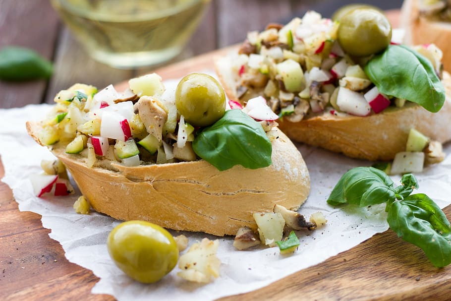 bread, white bread, roll, bruschetta, vegetables, olives, italian HD wallpaper