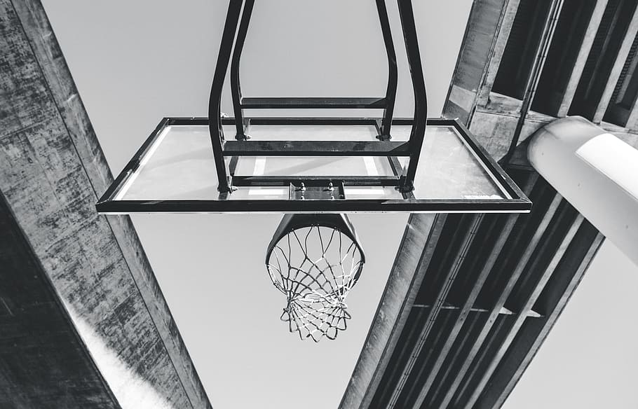 low angle photo of basketball system, worm's view of basketball hoop
