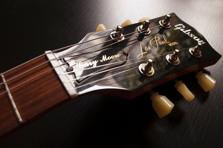 brown wooden guitar headstock, closeup, photo, black, gibsoy, HD wallpaper