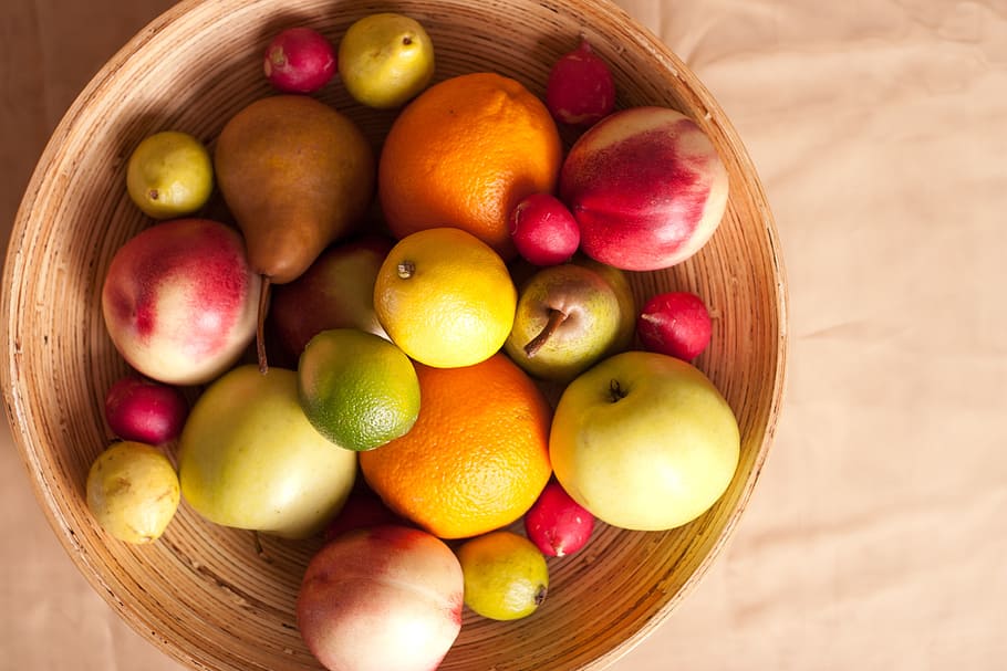 bunch of fruits on brown bowl, basket, pear, lemon, apple, radish HD wallpaper