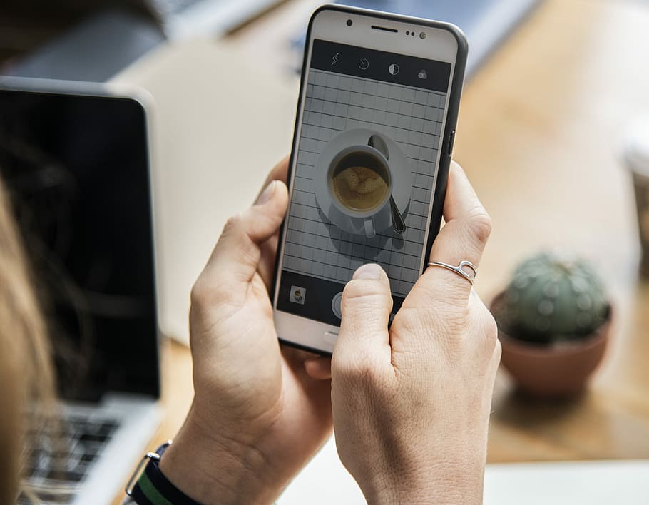 person's holding smartphone displaying camera, hands, coffee HD wallpaper