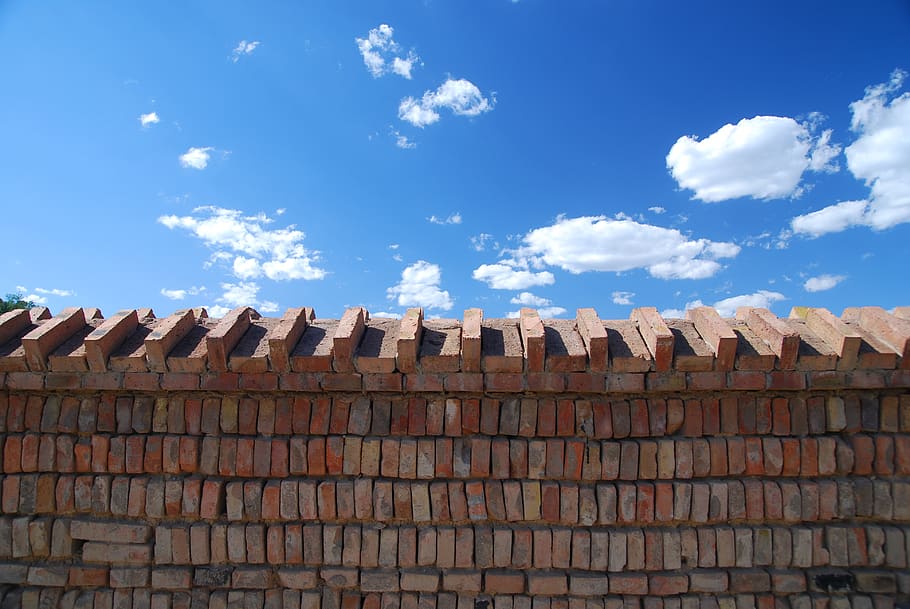 sky, brick, wall, brick wall, cloud, blue sky, sunny days, cloud - sky HD wallpaper
