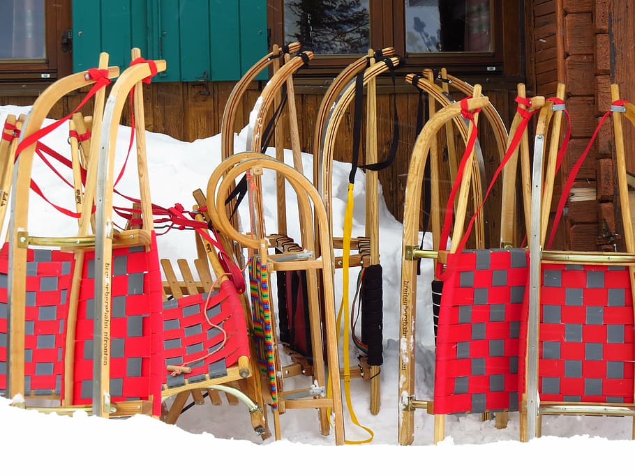 brown wooden snow sleds near door, slide, hut, fun, toboggan HD wallpaper
