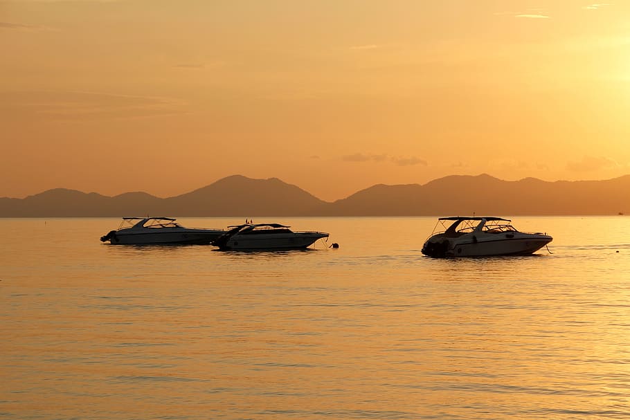 Boot, Sunset, Sea, Mallorca, Mood, Water, abendstimmung, romantic HD wallpaper