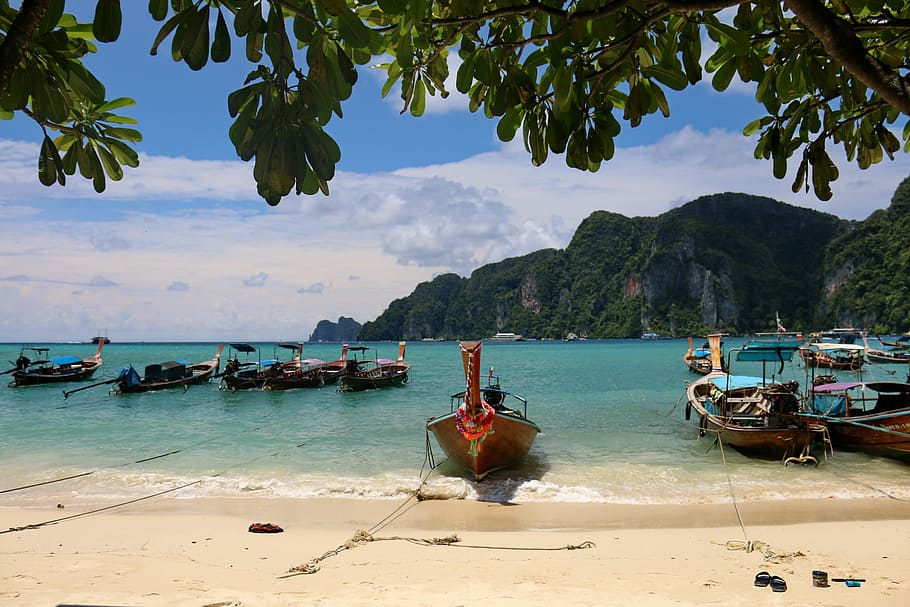phi phi islands, krabi, thailand, nautical vessel, water, sea HD wallpaper